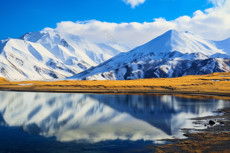蓝色天空下的的高原雪山湖泊的倒影,高清,摄影图,摄影图片,图片大全,摄影图免费下载